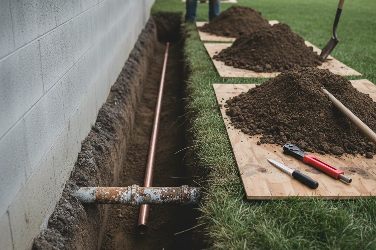 Excavated water line trench during Water Heater Repair in Buffalo